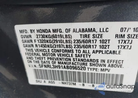 2010 Honda Odyssey Touring from USA, damaged, VIN 5FNRL3H91AB096520